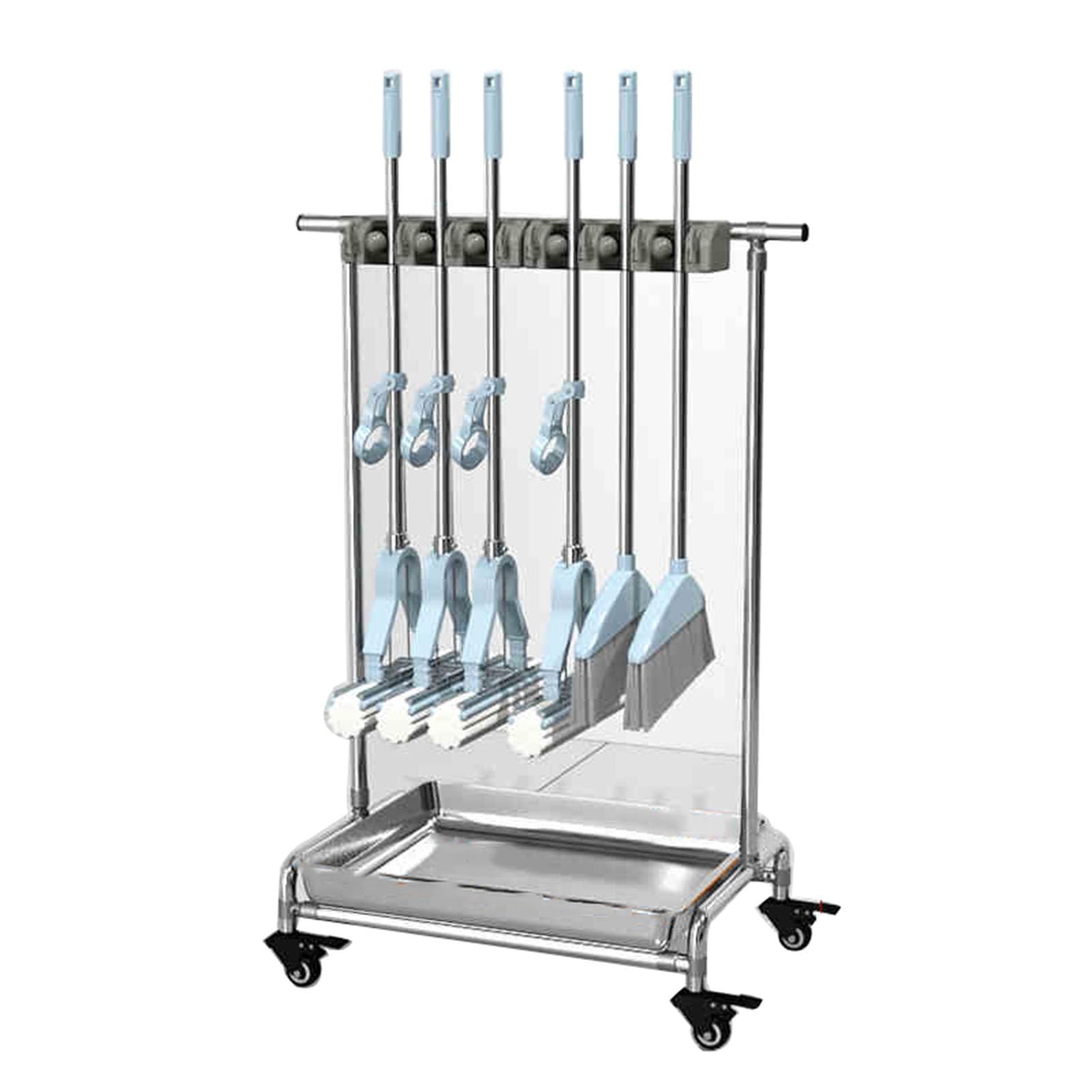 ASerZenith Mop And Broom Rack With Water Basin, Tool Tower Rack With Wheels For Home, Garden, Laundry, Garage(8 Hooks-75X110X42Cm)