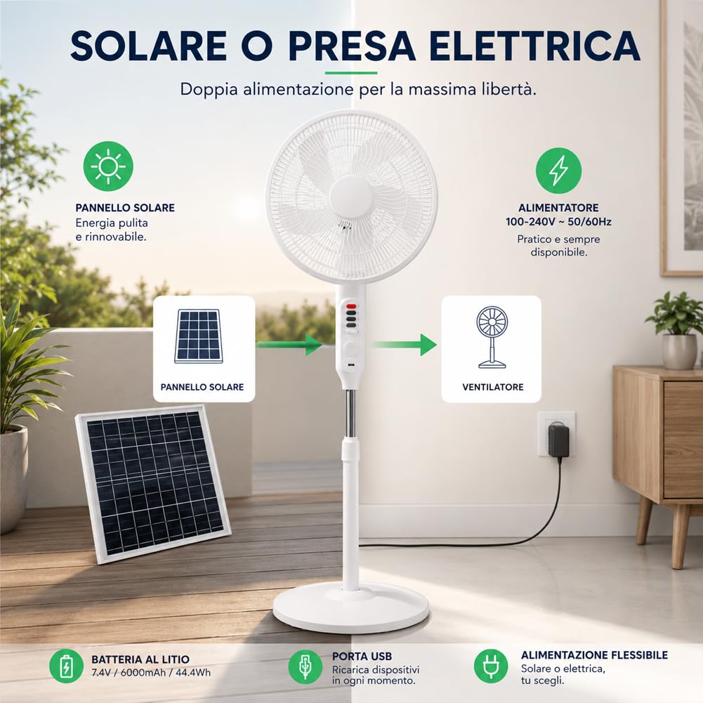BAKAJI Ventilatore a Piantana a Batteria con Pannello Solare e Luce Nottura, Air Fun con 3 Velocità Selezionabili e Consumi Ridotti, Diametro 40 cm e Altezza Totale 120 cm, Potenza 7W, Silenzioso