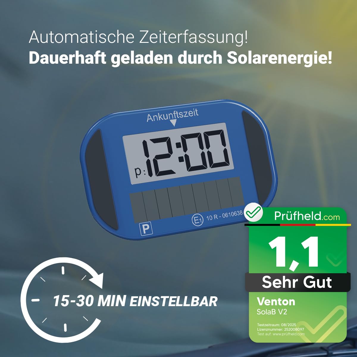 VENTON [ Test zeer goed, Note 1.1 Elektronische parkeerschijf op zonne- energie met goedkeuring, automatische digitale parkeerklok elektrisch voor auto-accessoires en gadgets interieur, elektrische