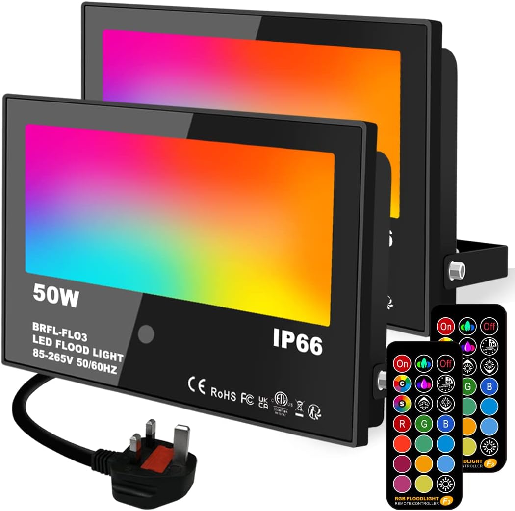 LED Floodlight Outdoor 50W, RGB Colour Changing Flood Lights with Remote Control๏ผTimed, DIY Mode, Garden Lighting๏ผIP66๏ผUK 3-Plug (2 Pack)