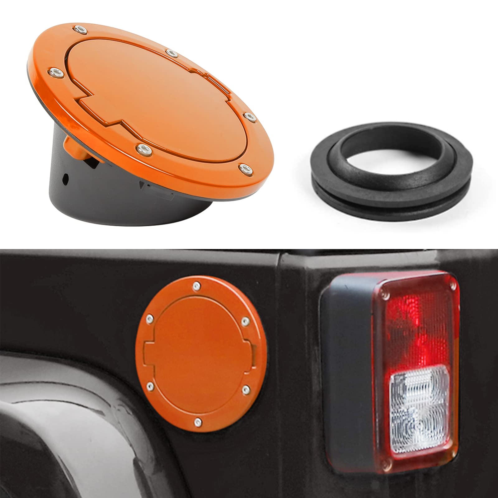 JeCar JK Fuel Filler Cover Gas Cap Aluminum Alloy Gas Tank Door Exterior Accessories for Jeep Wrangler 2007-2018 JK JKU, Orange