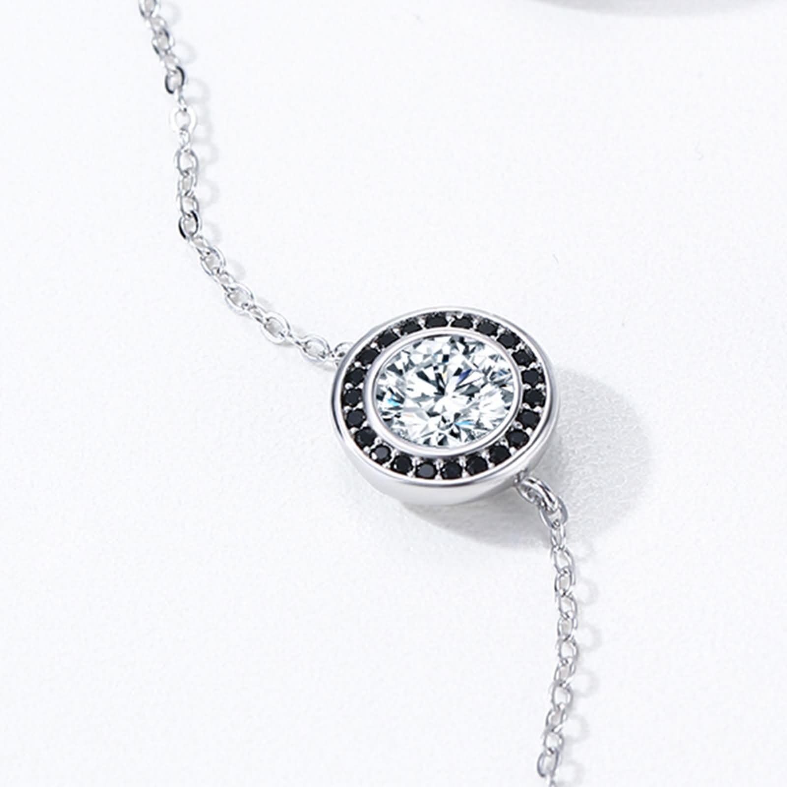 Bracciali Catena in Oro Bianco 9 K / 14 K / 18 K per Donna, Rotondo con Diamante Creato da 0,75 ct e Onice Nero, Regolabile 16 CM + 5 CM, Bracciali Catena Argento Nero Donna