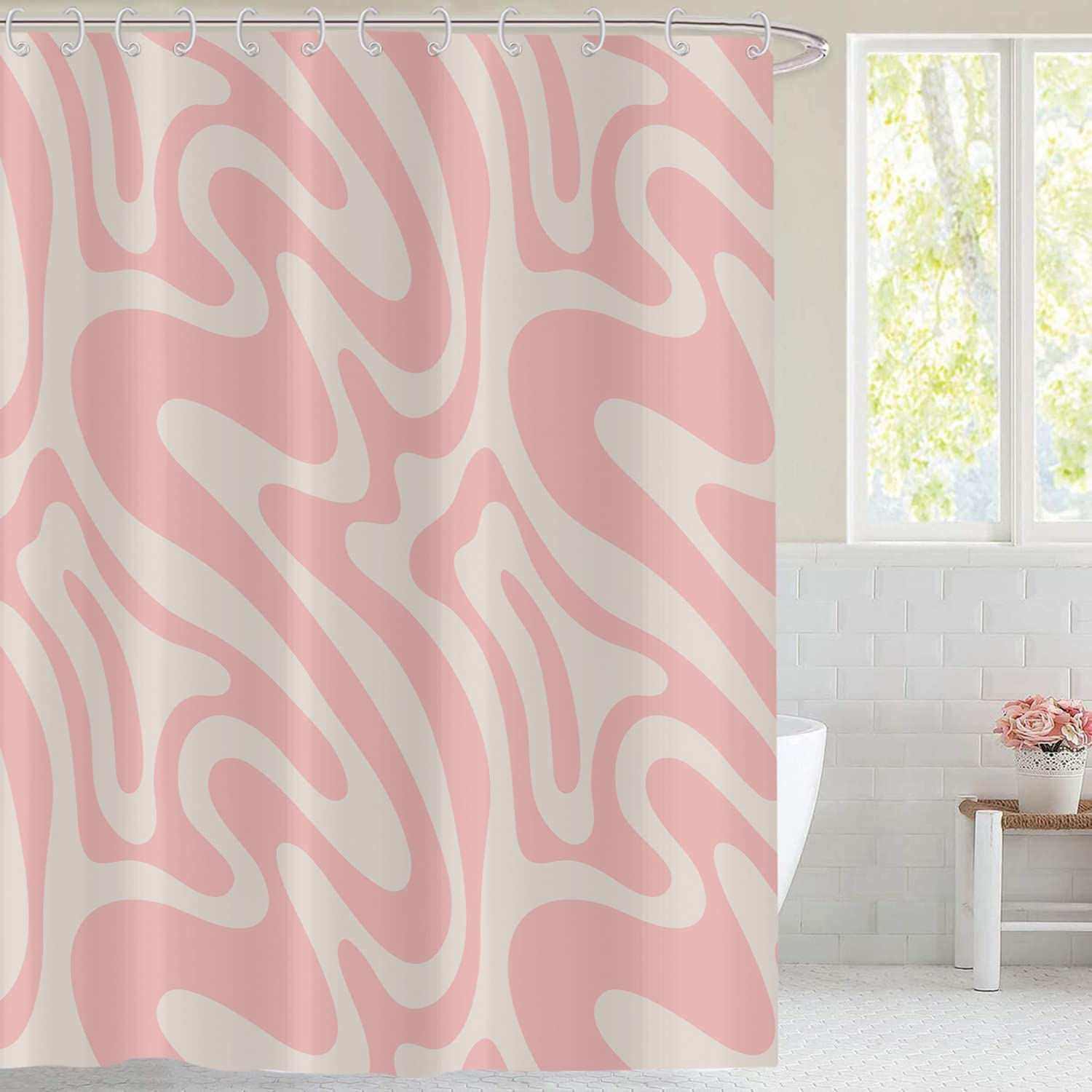 Hnmdmyi Pink Shower Curtain 240x180, Abstract Retro 70s Shower Curtains Modern Aesthetic Wavy Swirl Minimalist Girls Bathroom Curtains Waterproof Polyester Fabric Washable Bath Curtains with Hooks