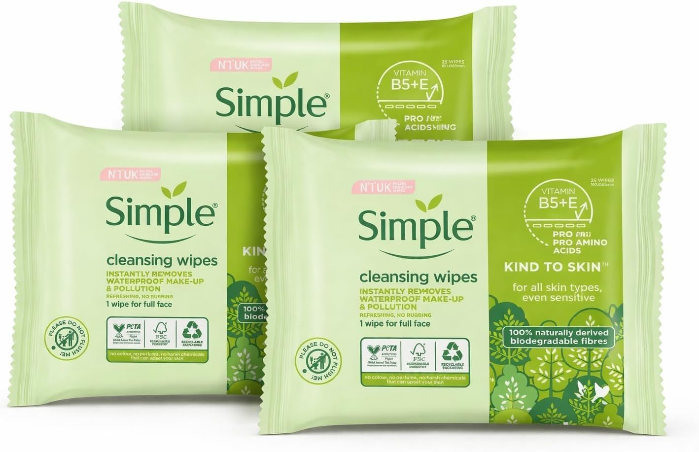 Simple Kind to Skin Cleansing Wipes, Biodegradable, Pack of 3 (25 Wipes Each) – Gentle Face Cleansing Wipes for Sensitive Skin, Removes Makeup, Dirt & Impurities