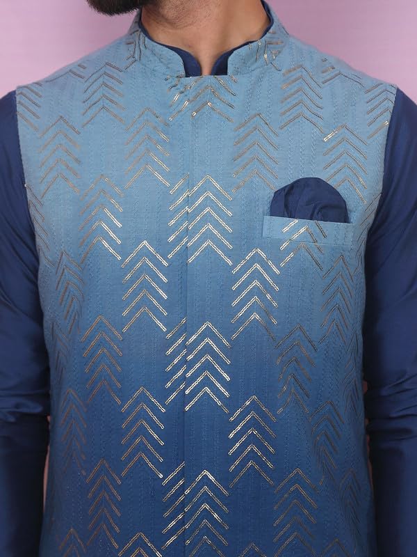 Image of KISAH Men's Navy Blue Printed Cotton Kurta - Regular Fit Long Tunic with Mandarin Collar | Ethnic Wear for Weddings & Festive Occasions