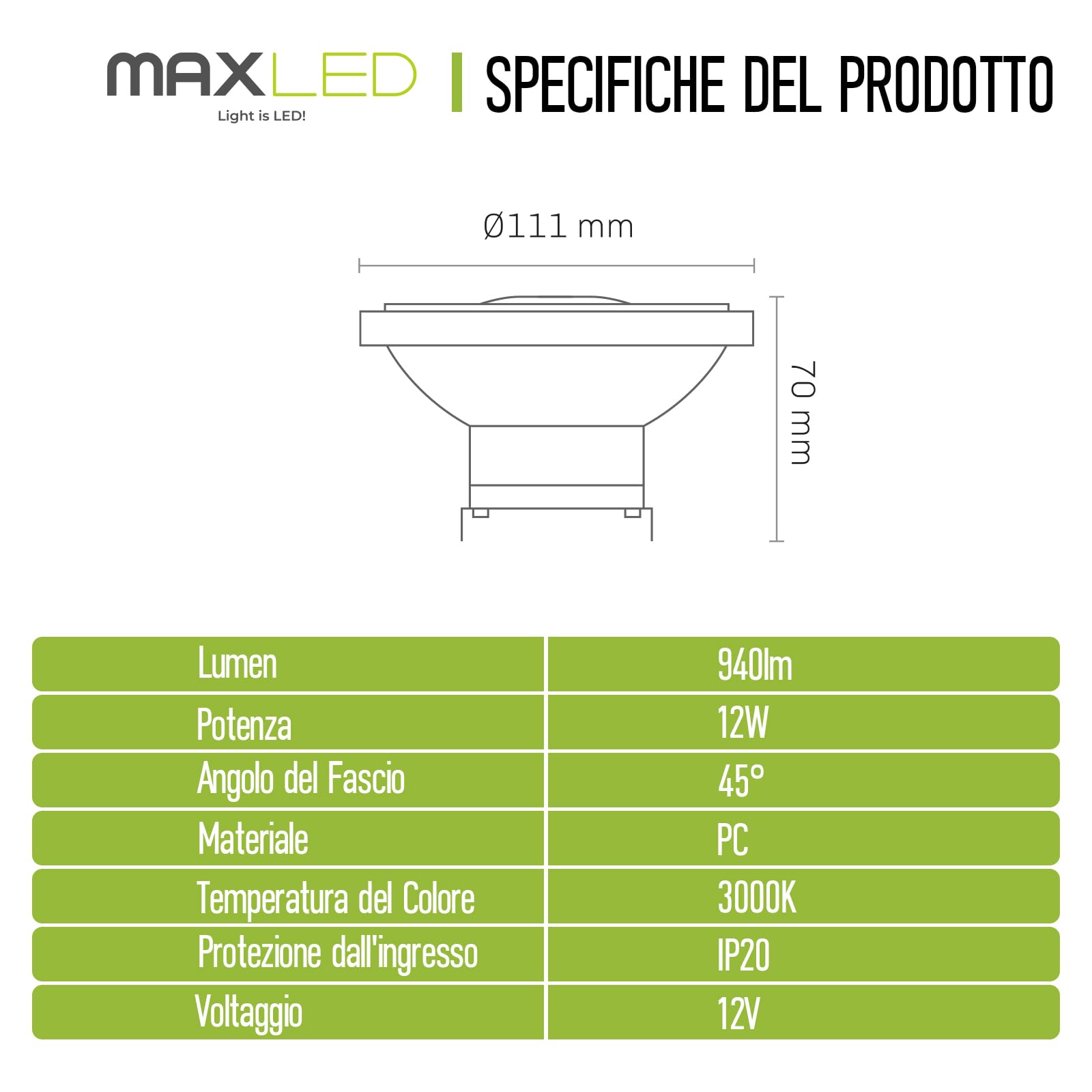 Faretto LED AR111 G53 12W Equivalente 75W Aalogena 3000K Bianco Caldo 940 Lumens AC/DC 12V Spot LED 45º Non Dimmerabile Ø111 x 68m