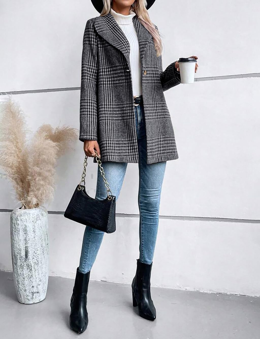 IDEALSANXUN Blazer long en laine à carreaux pour femme - Tenue d'automne - Trench d'hiver à manches longues - Décontracté - Veste habillée à revers - Caban