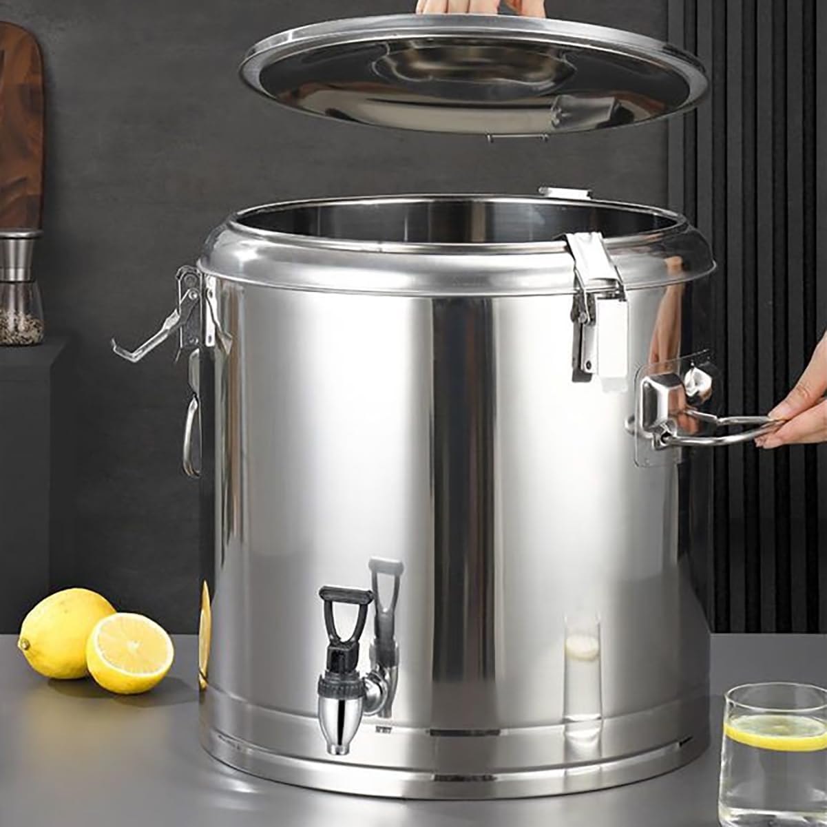 Stainless Steel Insulated Bucket, Large Capacity Milk Tea Bucket,Catering Water Dispenser,Suitable for Restaurants, Homes, Hotels, etc,30L