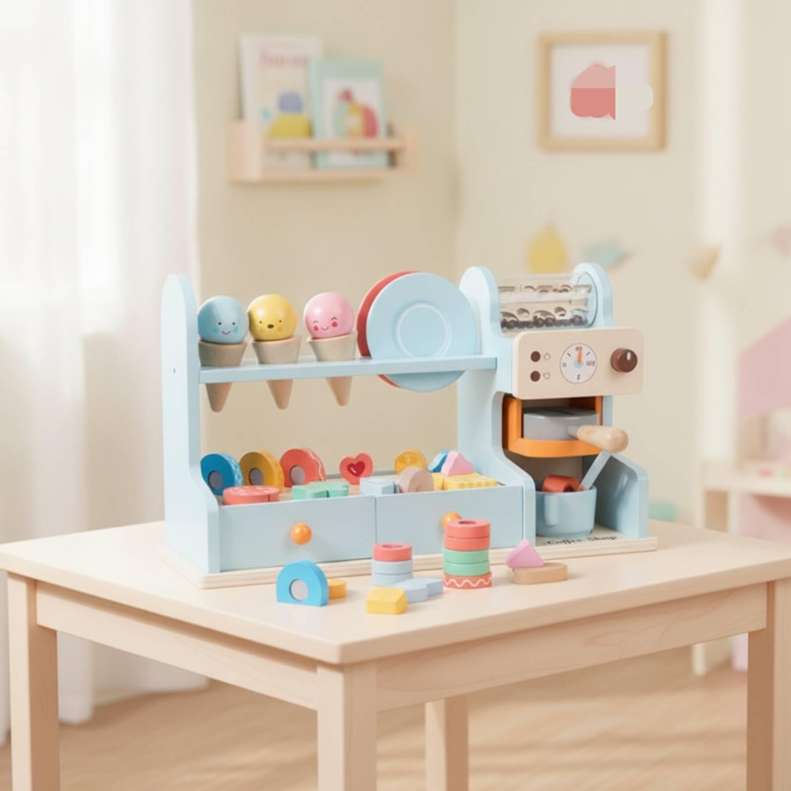 Colcolo Kinder Spielküche Holz Spielset Küche Marktstand Theke Kaffee Bereich Zubehör EIS Dessert Tassen Karten Rollenspiel , Koreanischer Eiscreme-Kaffeeladen Blau Für Jungen