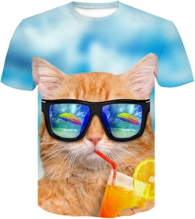 Amazon Tシャツ メンズ メガネプリントの3dアニメ猫 ラウンドネック ファッション 半袖tシャツ メンズレディース ルーズ トップtシャツ Tシャツ カットソー 通販