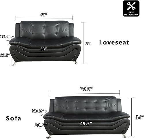 Juego de muebles contemporáneos de sala de estar, juego de sofá de piel sintética para sala de estar, casa, dormitorio, oficina, apartamento (negro