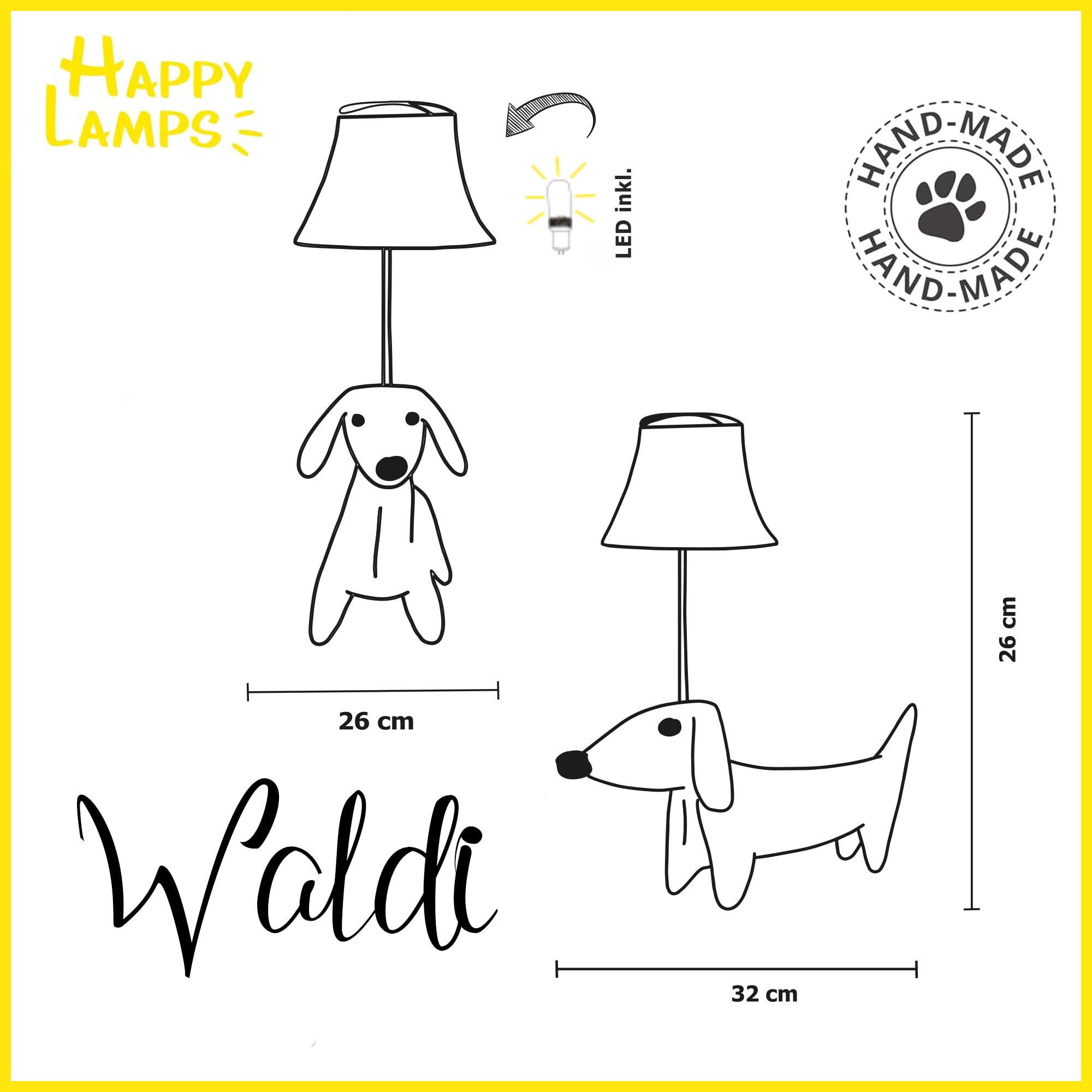 Happy Lamps for smiling eyes Waldi Dackellampe, LED-Tischleuchte, 48 cm hoch, Dekoleuchte, veganes Leder, Handarbeit, hochwertige Tischlampe, top Qualität, Braun und Weiß