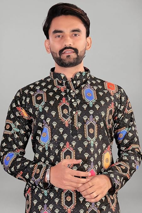 Image of Valaki Kurta Pajama Set for Men Border Printed Traditional Straight Kurta with Pyjama for Men