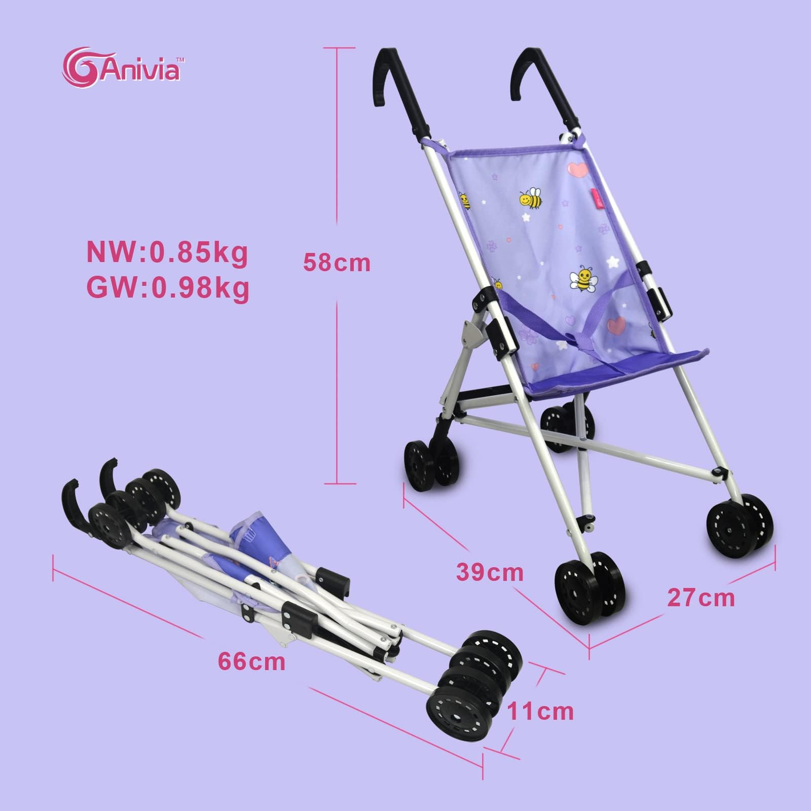Anivia Landau de poupées, Poussette de poupée Pliable, Jouets Cadeau pour Les Enfants, poupées adaptées jusqu'à 18 Pouces - Violet