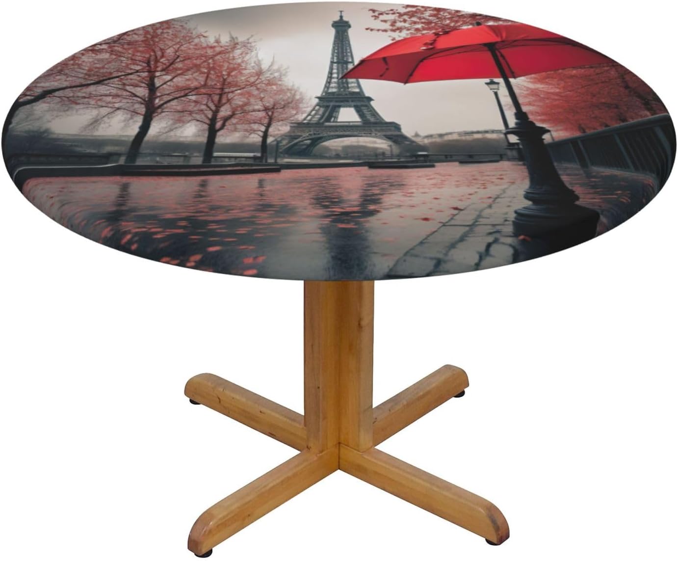 Eiffel Tower with Red Umbrella Print Outdoor Patio Kitchen Decor Supplies Wipeable Round Table Cloth for Indoor Outdoor
