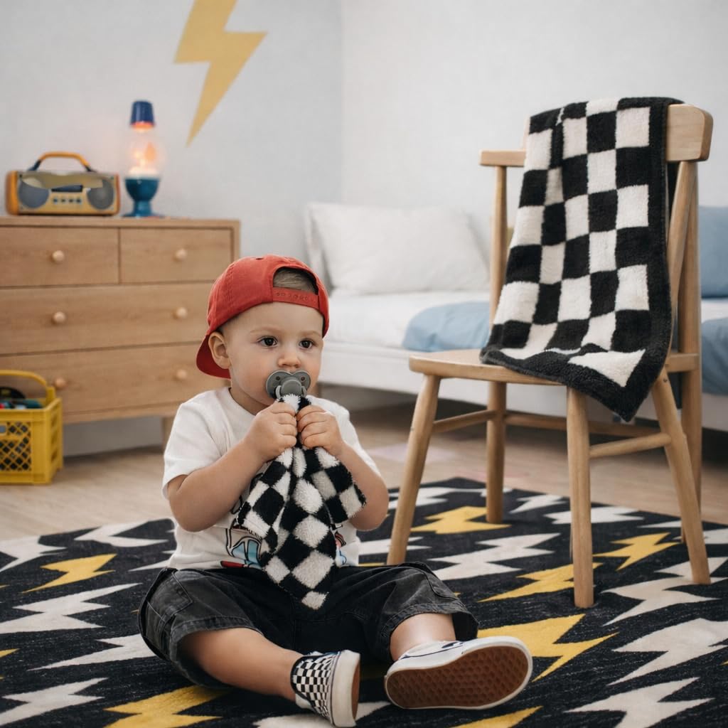Manta de bebé a cuadros de 28 x 40 pulgadas con parche de cuero, manta de punto suave para cuna o cochecito, manta de recepción/regalo esencial para niños pequeños, bebés o niños (negro/blanco)