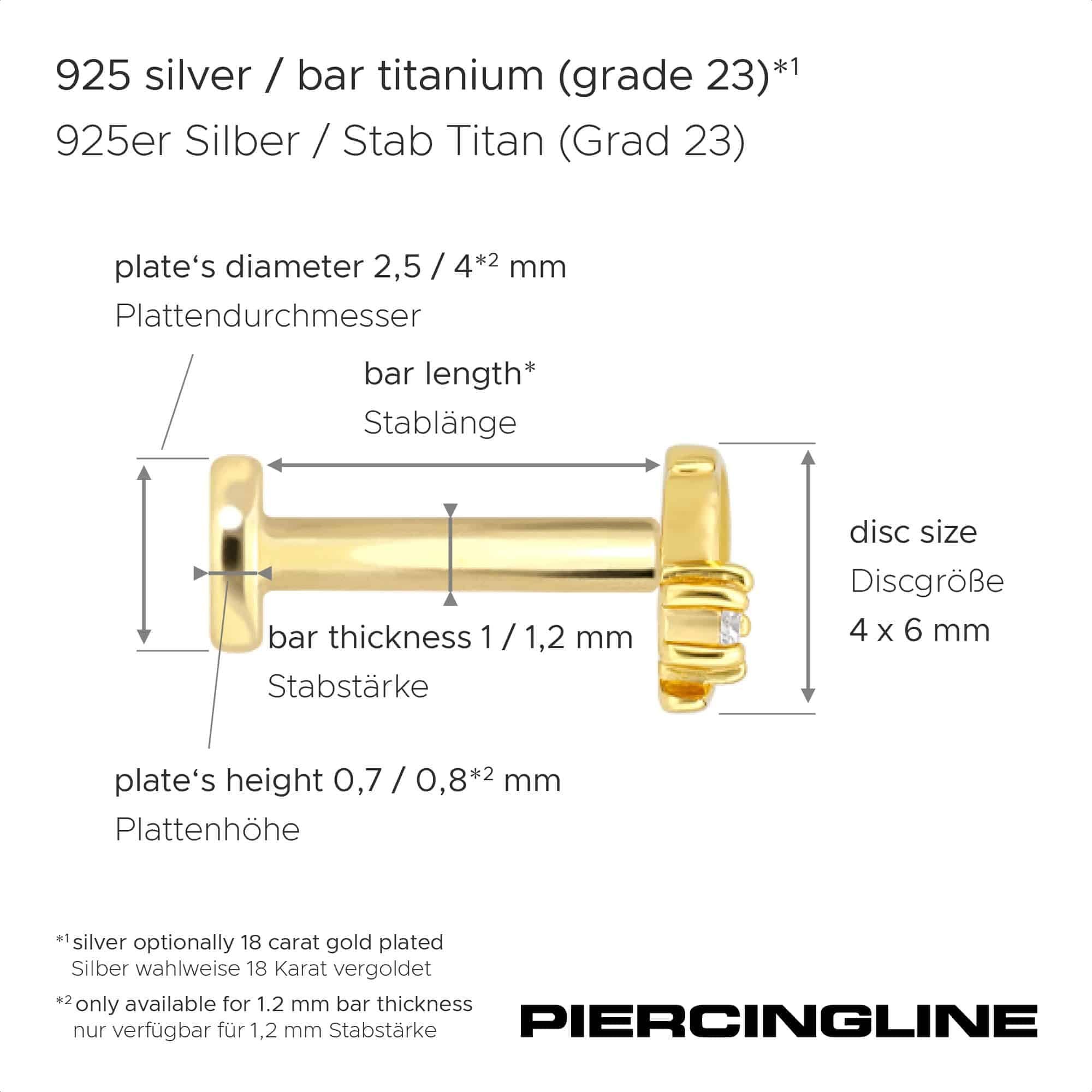 PIERCINGLINE Piercing Stecker Titan Labret mit Innengewinde + 925er Silber Aufsatz MOISSANIT + MOND - Goldfarben, Silberfarben