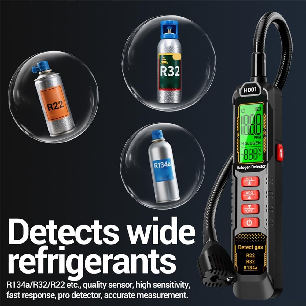 Detector de fugas HD01 para R22/R32/R134a, medidor digital de fugas 0 – 1000 PPM con circuito flexible y alarma, detector halógeno para sistemas de aire acondicionado de coche y sistemas HVAC (RT01