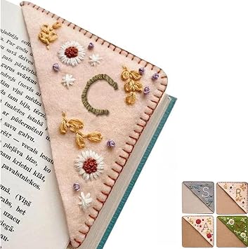 Personalized Hand Embroidered Corner Bookmark 26 Letters Felt Triangle Corner Page Bookmark Handmade Stitched Book Marker Cute Flower Bookmarks for Book Reading Lovers Meaningful Gift C, Spring