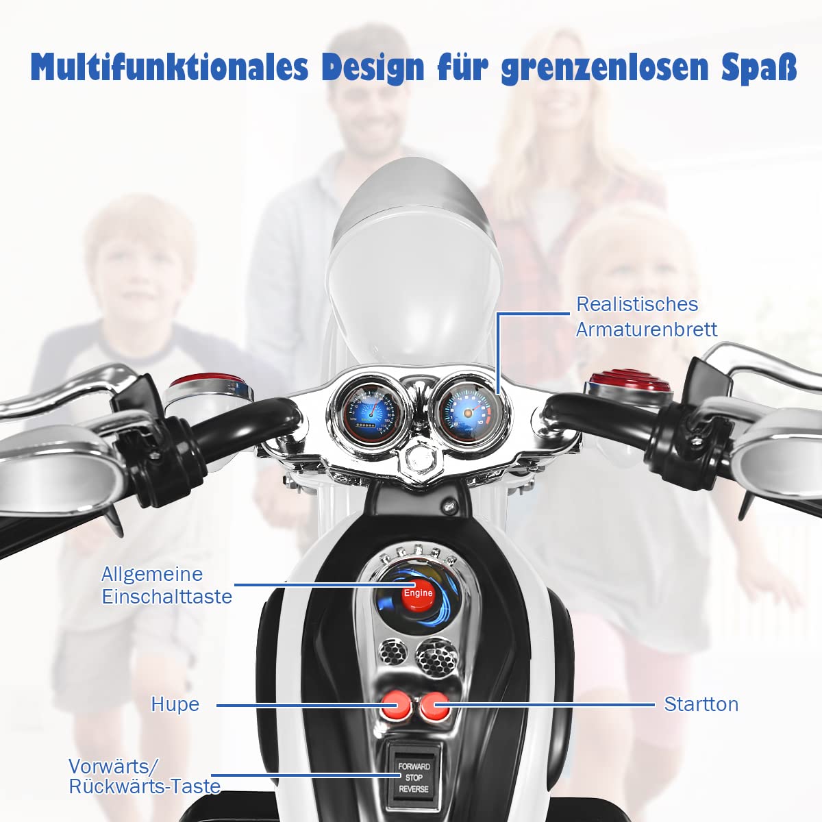 COSTWAY 6V Kinder Motorrad Elektro, Kindermotorrad mit verstellbaren Scheinwerfer & Vorwärts,-Rückwärtsfunktion, Dreirad Elektromotorrad mit Sound & Hupe, 2,5-3 km/h, für Kinder ab 3 Jahren(Weiß)