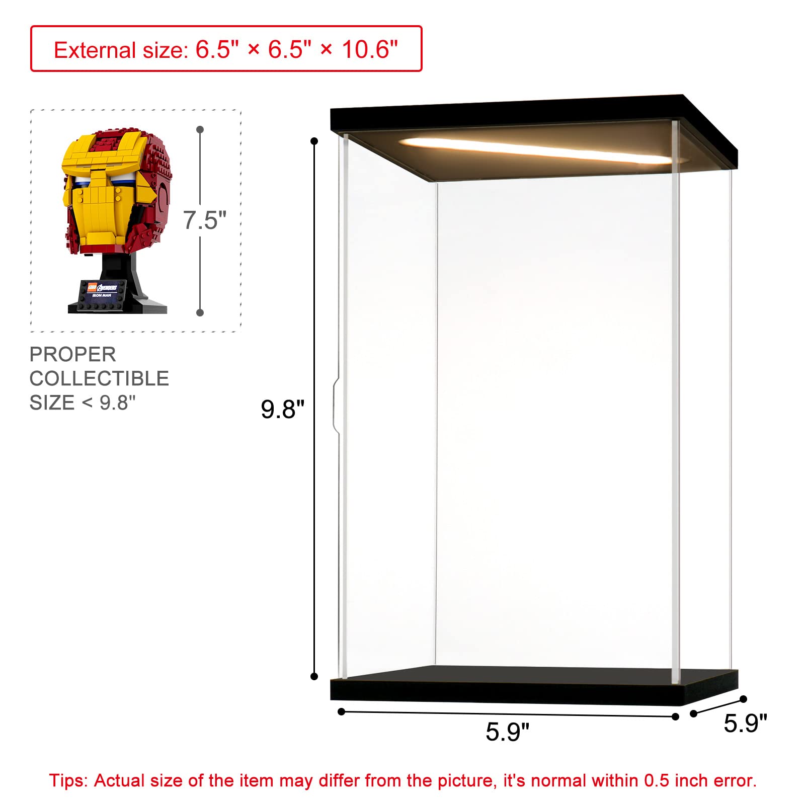 Vitrina De Exhibición De Acrílico Transparente – 15x15x20 Cm, Con Base De Madera Y Luz LED | Para Figuras, Trofeos Y Colecciones