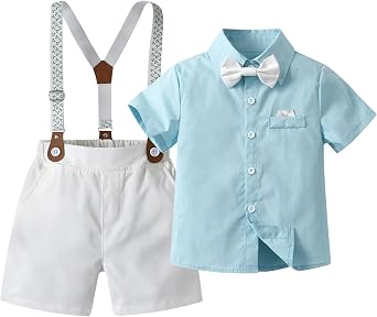 Baby Boys Gentleman Shorts Sets, Infant Outfits Suits, Shirt+Shorts+Bow Tie+Suspenders