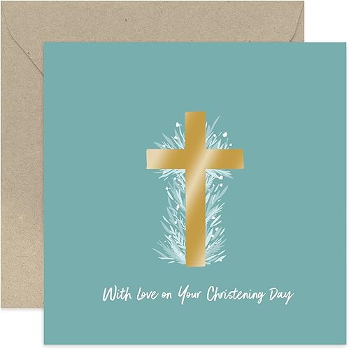 Old English Co. - Tarjeta de felicitación para el día del bautizo para niños o adultos, diseño floral de pinceladas de cruz dorada, con amor en tu