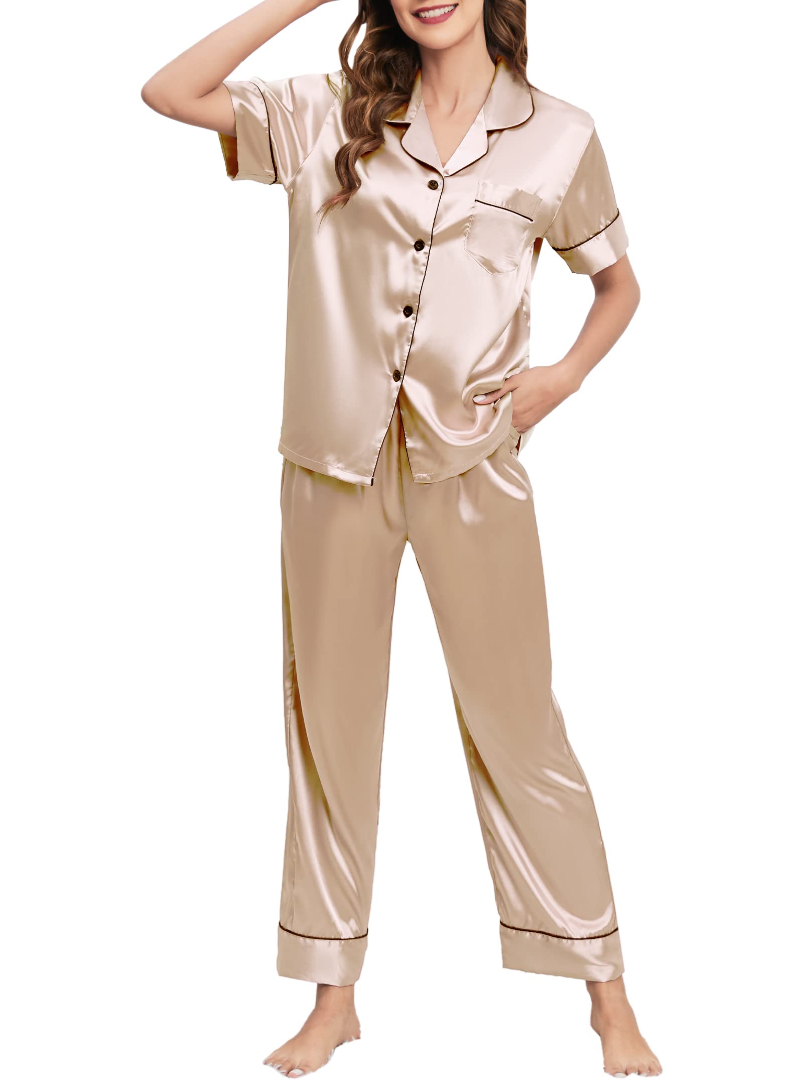 AUECK Satin Silk Pajama Set for Women Mens Short Sleeve Classic Sleepwear Couple Button Down Loungewear with Long Pants S-XXL