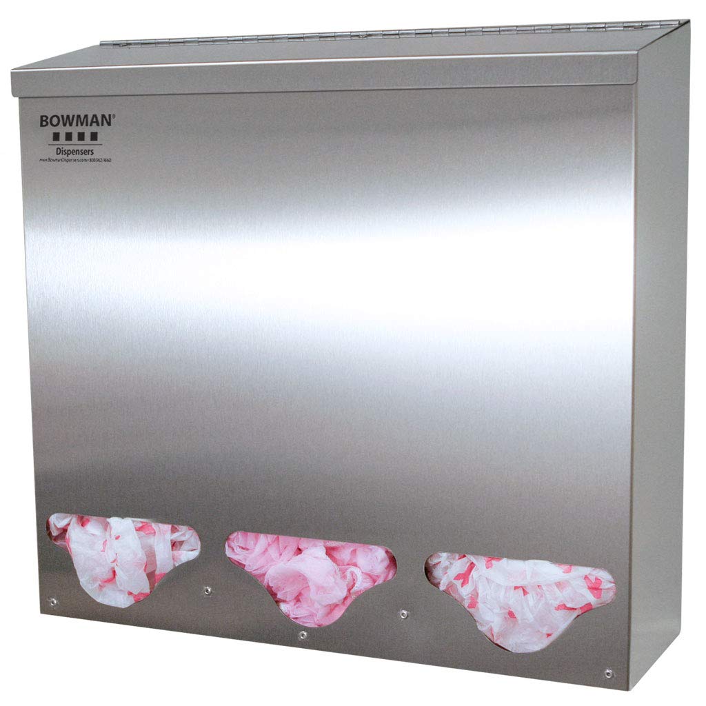 Tall Triple Bulk Dispenser - Holds PPE, Top Loading, top and Bottom Dispensing Keyholes for Wall mounting Stainless Steel Dims: 5.75”L x 18.21”W x 17.91”H