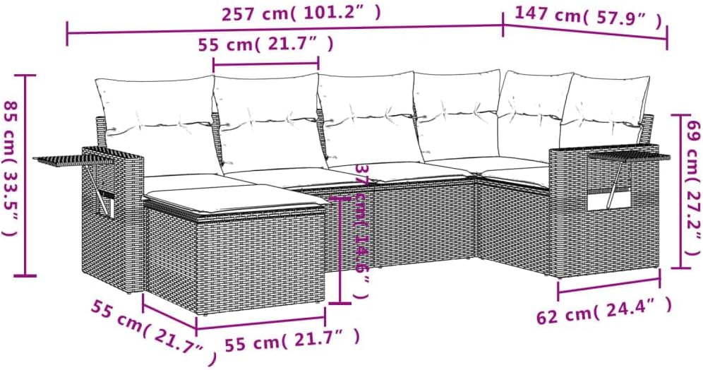vidaXL Patio Sofa Set - Outdoor Seating 6 Piece - PE Rattan Black - Cushions Included