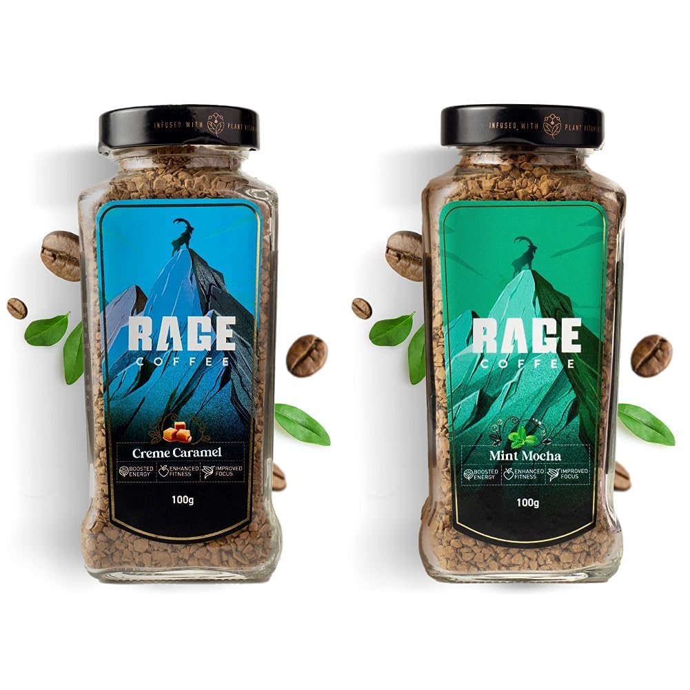 RAGE COFFEE Creme Caramel - Flavored Instant Coffee Powder(CREME CARAMEL, 100g) & Rage Coffee Mint Mocha Flavoured Instant Coffee with Plant based Vitamins| Hot&Cold coffee - 100g