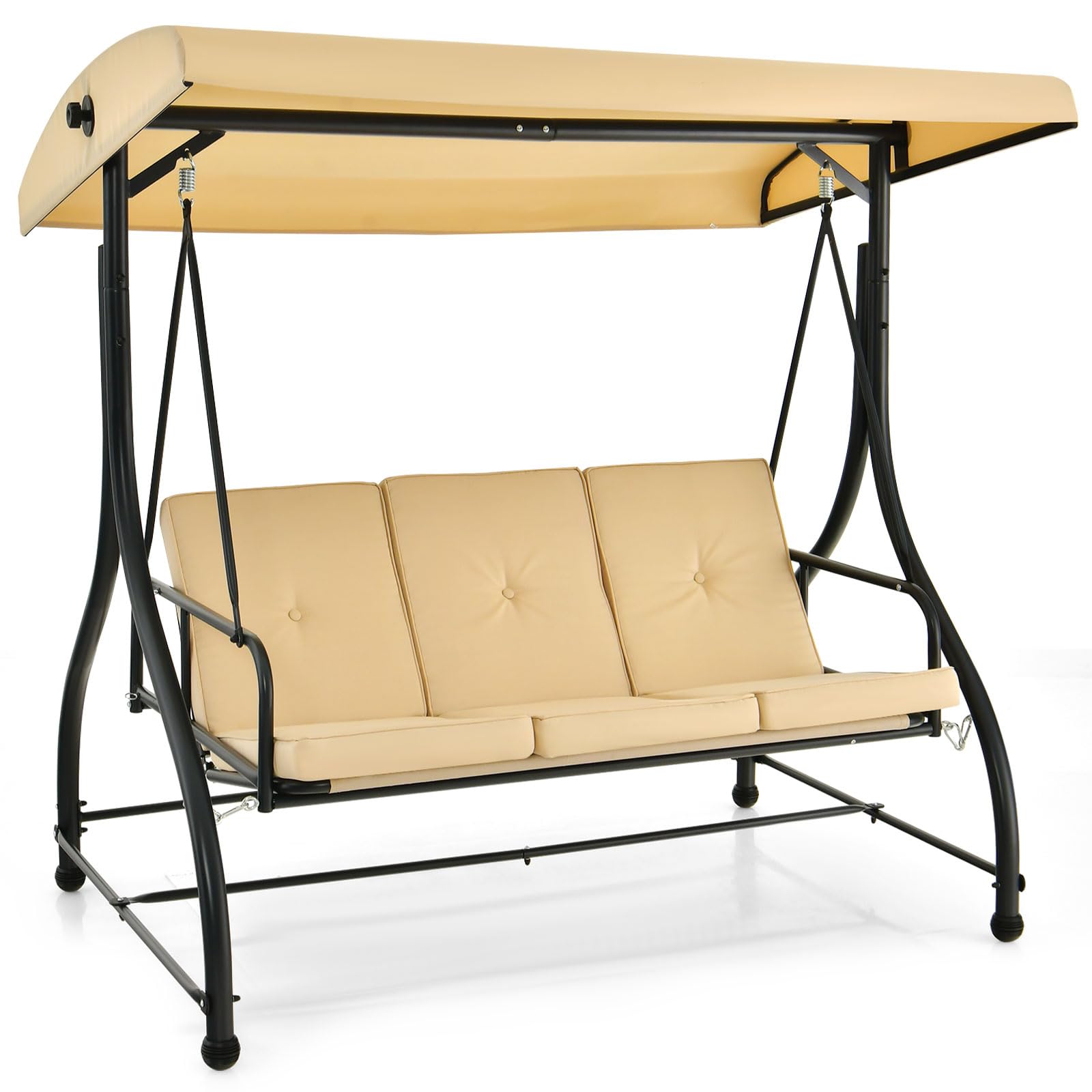 HAPPYGRILL 3 Seat Outdoor Porch Swing with Adjustable Canopy &amp; Foot Pad