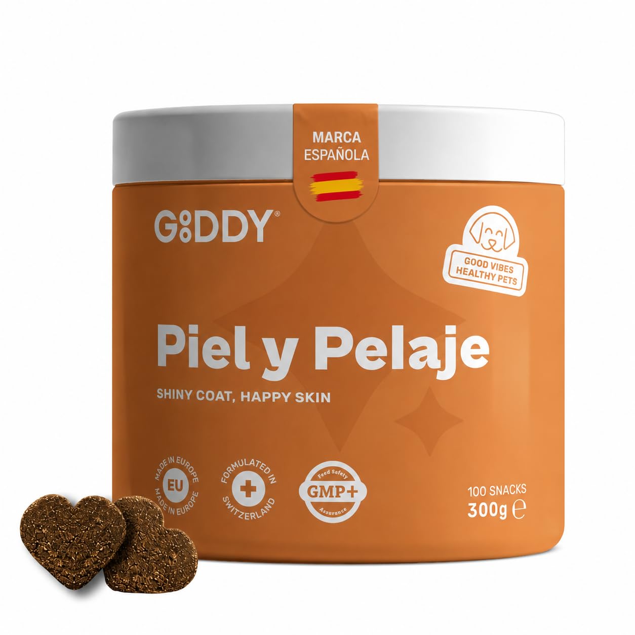 Gooddy - Suplemento Piel Sana y Pelaje Brillante para Perros. 100 Snacks, 300 g – Mejora el Color y Cicatrización. Minimiza picor y escozor. con Biotina, Zinc, L-Tirosina, Vitaminas A y E, Linaza