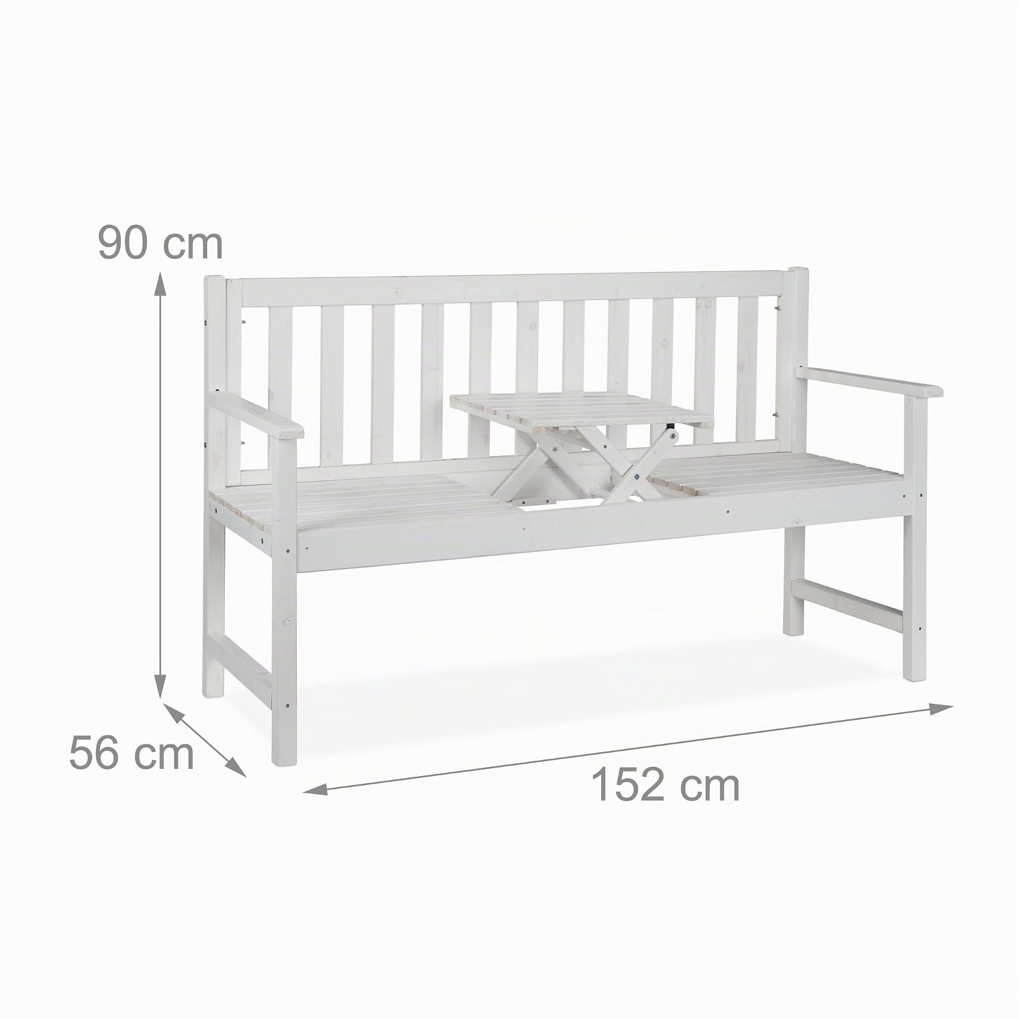 Relaxdays Gartenbank mit integriertem Tisch, 3 Sitzer, robuste Holz Sitzbank, Garten & Balkon, HBT: 90x152x56 cm, weiß