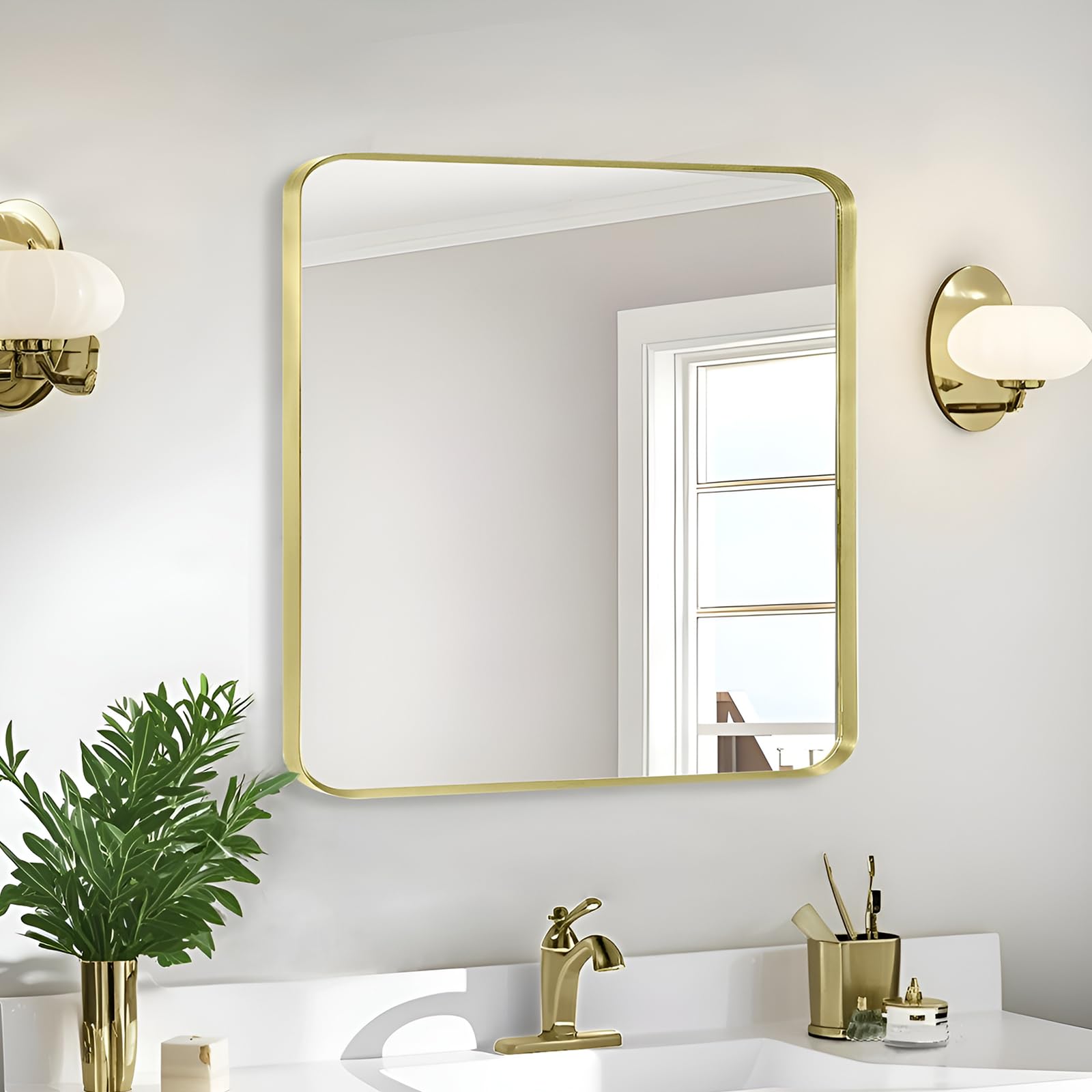 Gold Bathroom Mirror 30x30in, Metal Framed Rounded Rectangle Wall