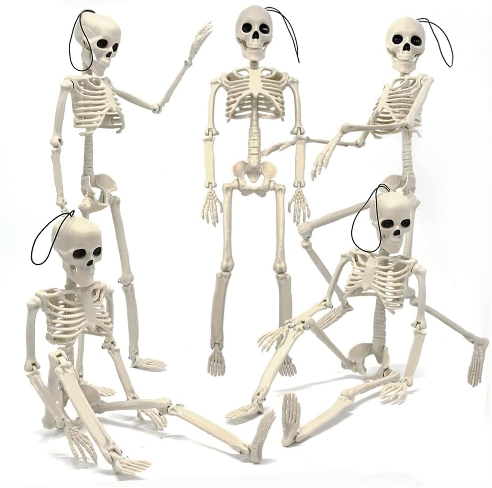 THE WHITE SHOP5 Pcs 16'' Hanging Skeleton Halloween Decorations, Movable/Posable Joints Realistic Full Body Plastic Posable Skeleton for Yard Garden Patio Haunted House Accessories, Halloween Props P