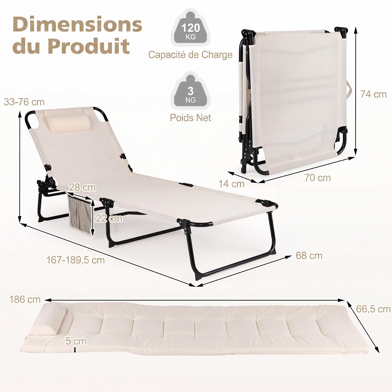 COSTWAY Bain de Soleil Pliable, Dossier à 4 Positions, Matelas Épais Amovible, Chaise Longue Jardin, Oreiller, Poche Latérale, Sangle, Transat pour Camping Piscine Bureau, Charge 120 kg (Beige)