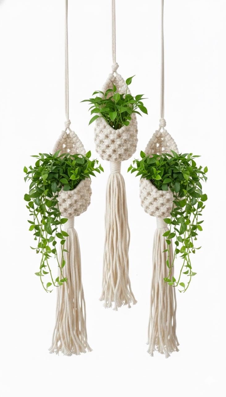 Handcrafted Macramé Hanging Pods – Pack of 3 Boho Cotton Tassel Pouches | Eco-Friendly Hanging Planters, Wall Baskets & Home Decor White Colour-image-5