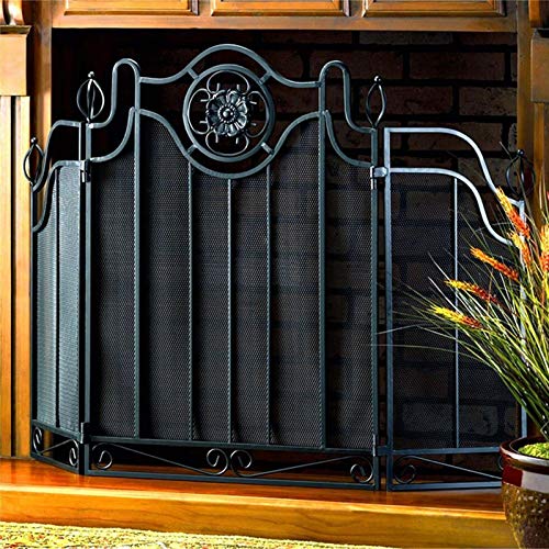 Pantalla Protectora para Chimenea, mampara para Chimenea Abierta - Ancho 108 cm x Alto 77 cm, Hierro Forjado Macizo Negro, Malla metálica para Chimene