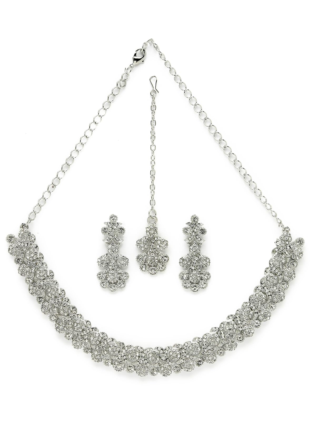 Sukkhi Excellent Rhodium Plated Silver AD White Stone Collar Bone Necklace Set With Earring And Maangtika | Jewellery Set For Women (NS105634) (B0CBBDYSFG) Amazon Price History, Amazon Price Tracker