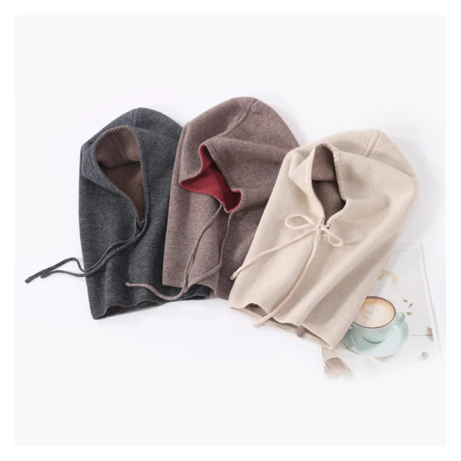 Cachemira pura for mujer invierno 2 capas de punto grueso proteger sombrero bufanda cálido suave con capucha cordón