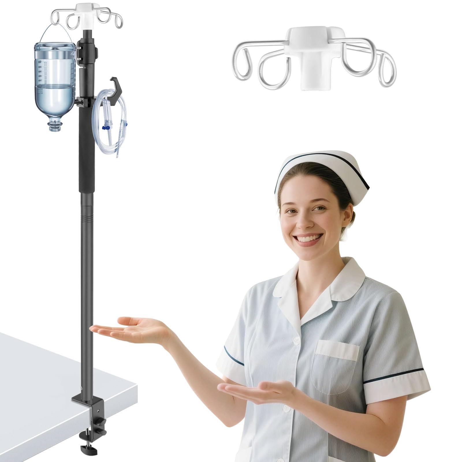 Crilealym Table IV Poles,32 to 56In Telescopic Desktop IV Stand with 4 IV Bag Holder Portable Frosted Pipe Extension Pole IV Influsion Pole with