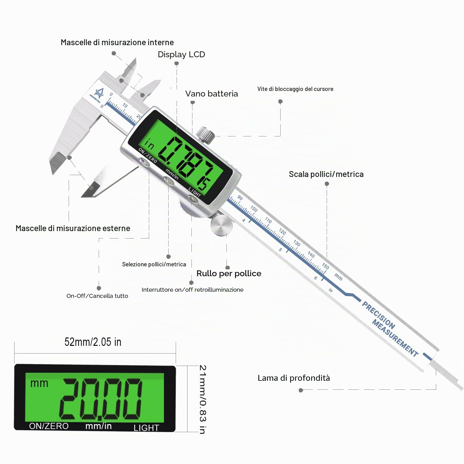 Calibro Digitale,ACEMETER Caliper metrico da 150 mm/6 pollice elettronico in acciaio inossidabile,con LCD Schermo Grande e Chiaro Più Preciso e batteria di ricambio,Design di protezione impermeabile