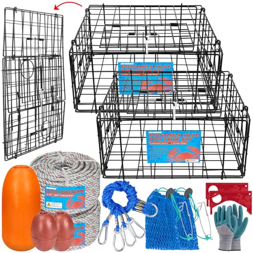 QualyQualy 2 Packs Foldable Crab Trap 24', Crab Bait Bag，Pacific Heavy Duty Steel Crap Cage Kit with Harness, 100’ Sinking Line, Easy Store & Carry Crabbing Kit (Black)