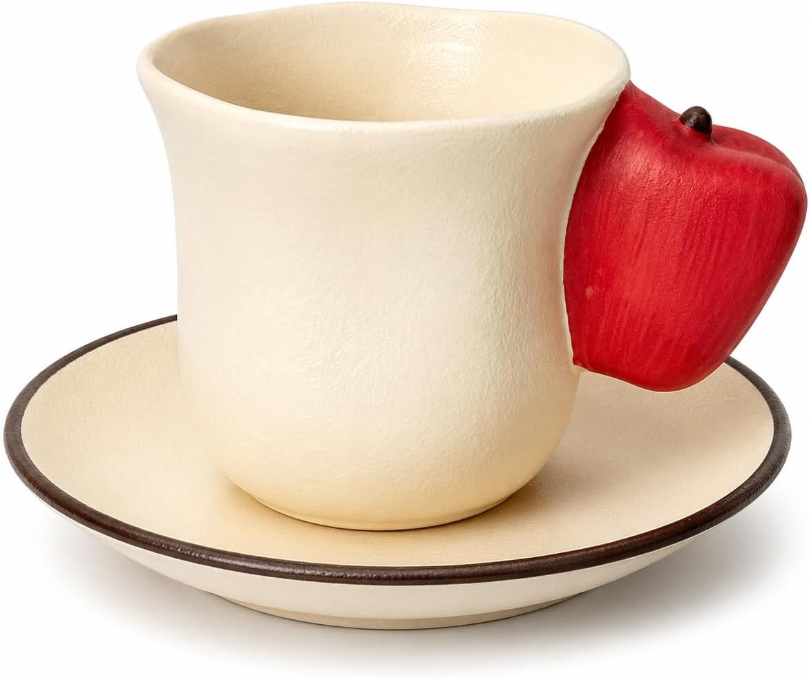 8 oz Apple Shaped Ceramic Coffee Cup with Saucer, Cute Coffee Mug
