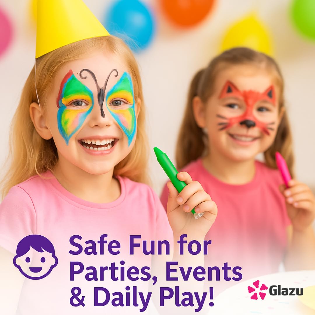 GLAZU Face Paint Sticks for Kids – 6 Neon Bright Colors, Non-Toxic Push-Up Body Paint Crayons, Easy to Apply & Wash, Face Painting Kit for Parties, Festivals, Halloween, Cosplay, Makeup Fun 1
