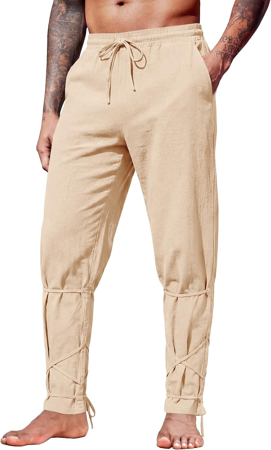 Runcati Mens Medieval Pirate Pants Viking Ankle Banded Lace Up Trouser | Renaissance Viking Navigator, Ankle Banded, Cotton, Lace Up, Halloween Costume