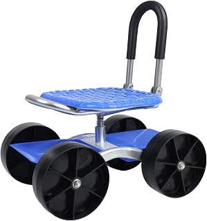 Garden Stool Rolling Garden Seat, Utility Garden Stool with Flat Wheels, Foldable Lazy Garden Seat Stool, Picking Rotary Tool Cart with Storage Shelf, Adjustable Height Blue