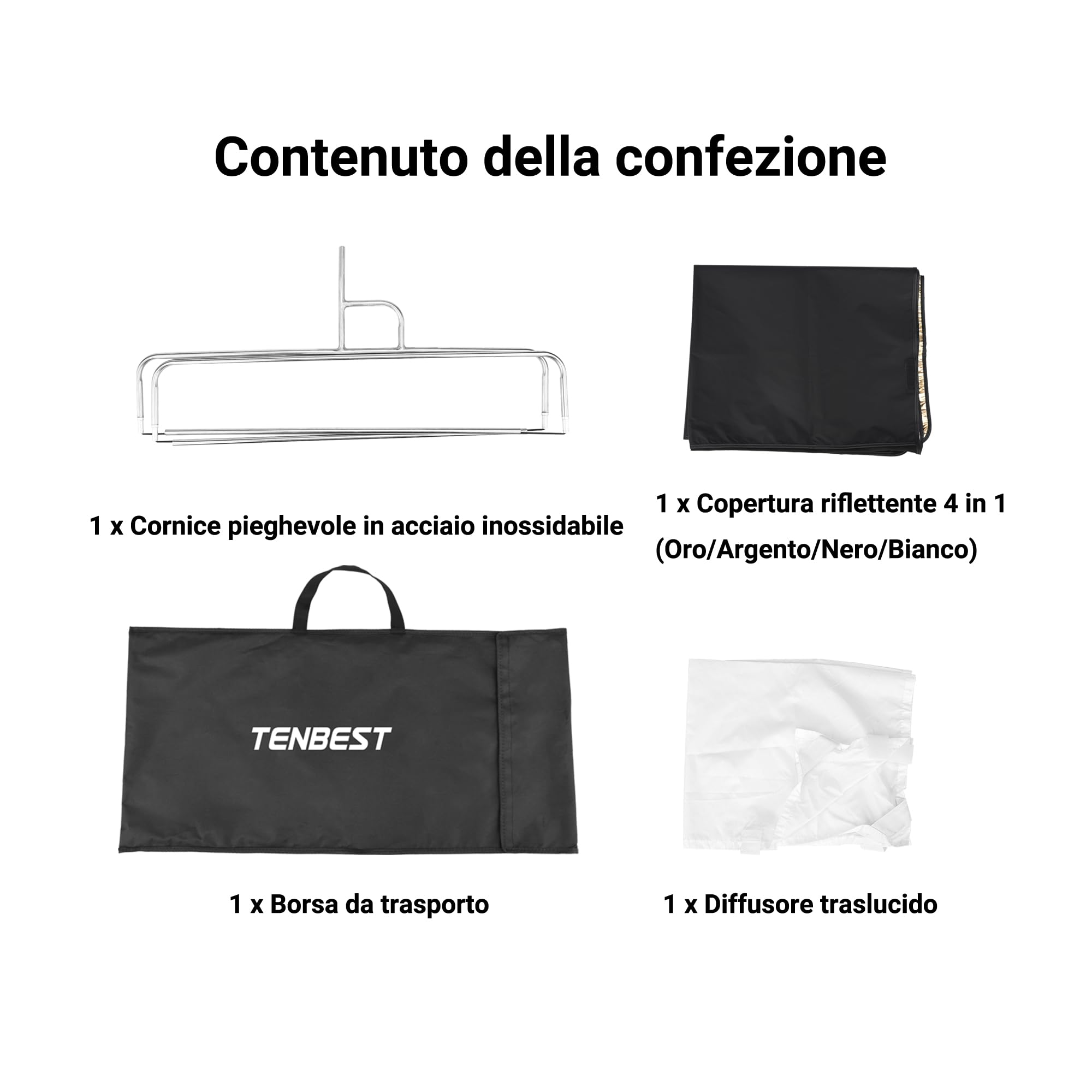 Kit di bandierine riflettori per fotografia, 75 x 90 cm, diffusore 4 in 1 oro/argento/nero/bianco e diffusore traslucido, telaio pieghevole in acciaio inossidabile