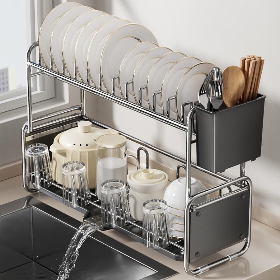 Zilnox 水切りラック スリム ステンレス 食器 水切り かご シンク上 ラック 大容量 キッチン 箸立て 省スペース 食器乾燥 2段 グレー 幅43*奥行17*高32CM